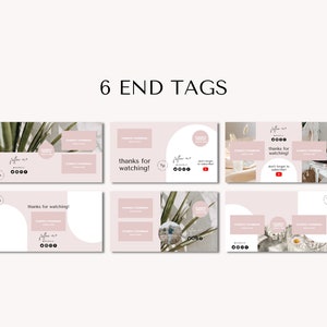 May include: Six different end screen templates for YouTube videos. Each template features a pink background with a white circle and text that says "thanks for watching!" and social media icons. The templates also include different images, such as plants, a table setting, and a cityscape.