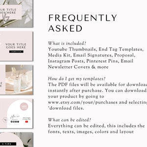 May include: A pink and white graphic design template with the text "Frequently Asked" in black. The text below includes information about what is included in the template, how to download it, and what can be edited.