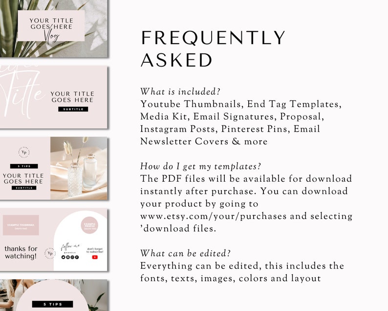 May include: A pink and white graphic design template with the text "Frequently Asked" in black. The text below includes information about what is included in the template, how to download it, and what can be edited.