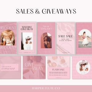 Peut inclure: Neuf mod&egrave;les d'histoires Instagram roses et blancs avec du texte qui dit "SALES & GIVEAWAYS", "DISCOUNT", "MASSIVE GIVEAWAY", "Hash Sale 50% OFF", "SALE SALE 50% OFF UNTIL SUNDAY", "GIVE AWAY", "FLASH SALE", et "HARPER FLUTE CO".