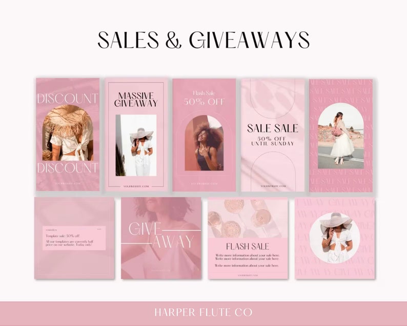 Peut inclure: Neuf mod&egrave;les d'histoires Instagram roses et blancs avec du texte qui dit "SALES & GIVEAWAYS", "DISCOUNT", "MASSIVE GIVEAWAY", "Hash Sale 50% OFF", "SALE SALE 50% OFF UNTIL SUNDAY", "GIVE AWAY", "FLASH SALE", et "HARPER FLUTE CO".