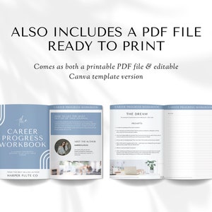 Op de afbeelding: Een open blauwe en witte carri&egrave;revoortgangswerkboek met de titel "The Career Progress Workbook" en de tekst "How to get the most out of this journal" op de linkerpagina. De rechterpagina heeft de titel "The Dream" en een lijst met prompts. Het werkboek is klaar om te printen en wordt geleverd als een printbaar PDF-bestand en een bewerkbare Canva-sjabloonversie.