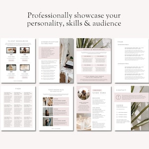May include: A set of eight printable pages with information about client resources, communication guidelines, tools and resources, FAQs, testimonials, a case study, contact information, and a blank page with a floral design. The pages are designed to help businesses showcase their personality, skills, and audience.