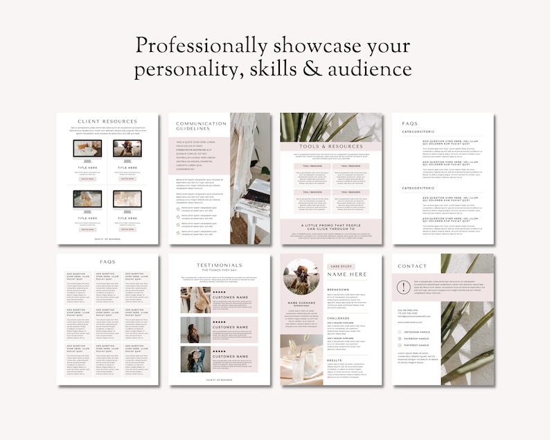 May include: A set of eight printable pages with information about client resources, communication guidelines, tools and resources, FAQs, testimonials, a case study, contact information, and a blank page with a floral design. The pages are designed to help businesses showcase their personality, skills, and audience.