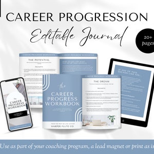 Op de afbeelding: Een digitale productmockup die een blauw en wit carri&egrave;revoortgangsjournaal toont met de tekst "The Career Progress Workbook" en "Harper Flute Co." Het journaal wordt weergegeven op een telefoon, tablet en laptop. De tekst "Career Progression Editable Journal" staat bovenaan de afbeelding.