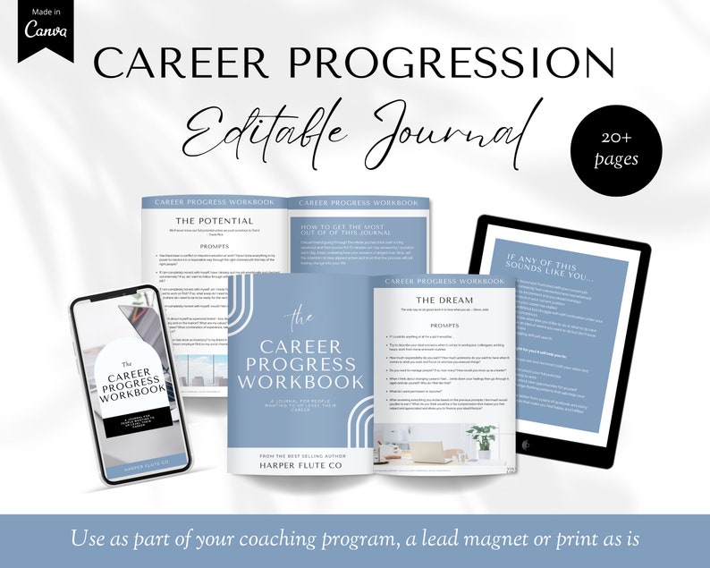 Op de afbeelding: Een digitale productmockup die een blauw en wit carri&egrave;revoortgangsjournaal toont met de tekst "The Career Progress Workbook" en "Harper Flute Co." Het journaal wordt weergegeven op een telefoon, tablet en laptop. De tekst "Career Progression Editable Journal" staat bovenaan de afbeelding.