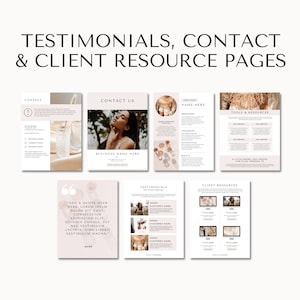 May include: A mockup of a website with pages for testimonials, contact, and client resources. The pages are designed in a minimalist style with a neutral color palette and feature images of a woman and a bohemian-style backdrop.