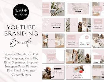 May include: A collection of 150+ templates for YouTube branding. The templates include thumbnails, end tag templates, media kits, email signatures, proposals, Instagram posts, Pinterest pins, email newsletters, and covers. The templates feature a neutral color palette with a minimalist design.
