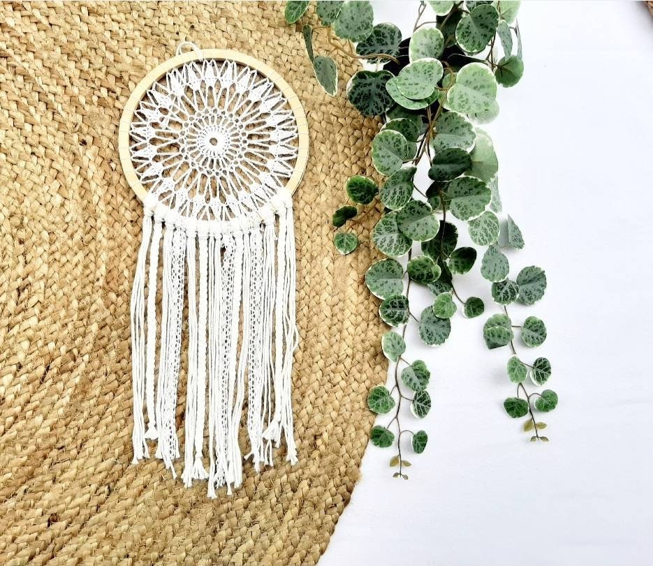 Attrape Rêve Romantique Bois et Blanc - Coton Dentelle