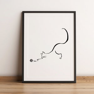 Cat Line Art / Cat and Ball of Yarn Wall Art / Cats Digital Art / Minimalist Cat Line Art / Cat Drawings / Cat Wall Art / Animal Line Art