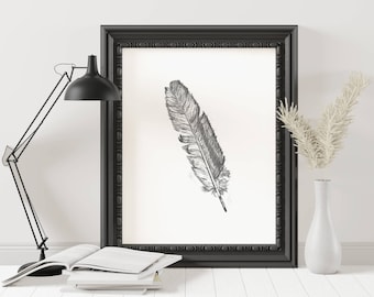 Printable Feather Art / Hand Drawn Artwork / 8x10 / Minimalist Download Printable / Home Decor Print Feather / Pencil Sketch Drawing Art