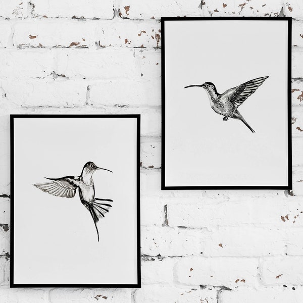 Hummingbird Art Print / Bird Drawing Decor / 8x10 / Set of 2 Wall Hummingbird / Two Instant Digital Downloads Art / Black and White Print