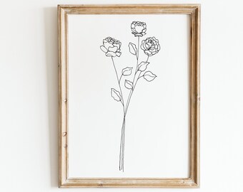 Rose Line Art Print / Minimalist Rose Home Décor Print / Rose Art Prints / Rose Floral Prints / Botanical Wall Art /Leaf Art / Elegant Rose