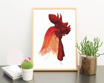 Rooster Wall Art / Printable Painting / Hand Made Artwork / Kitchen Decor / 8x10 Frame Size Rooster / Farmyard Design Wall / Living Room Art