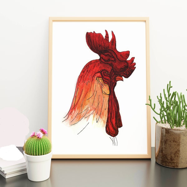 Rooster Wall Art / Printable Painting / Hand Made Artwork / Kitchen Decor / 8x10 Frame Size Rooster / Farmyard Design Wall / Living Room Art