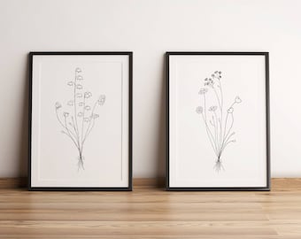 Set Of 2 Printable Wall Art Flowers Minimalist Prints Black And White Botanical Art Decor Wildflowers Printable Floral Print Wall Trendy Art