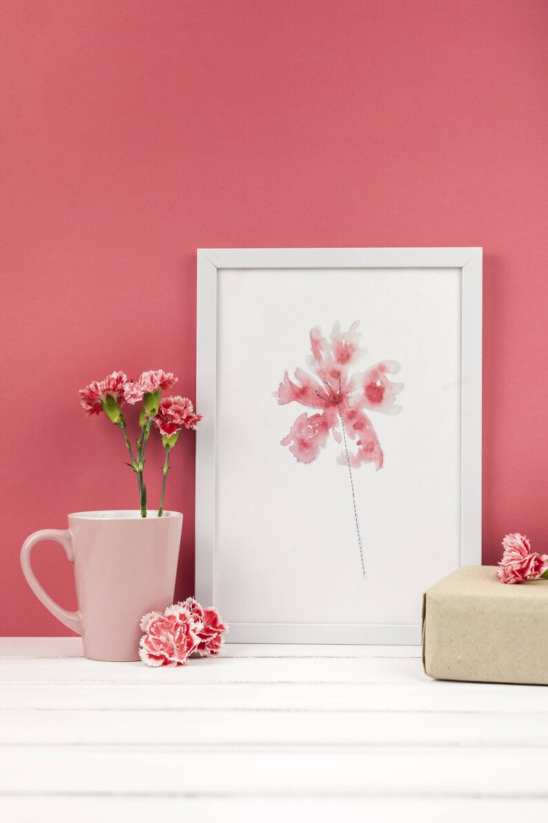 Pink Flower Wall Art / Line Art Watercolor Flowers / 8x10 Printable