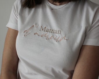 Tshirt MAMAN D'AMOUR pour femme, blanc, brodé et personnalisé, fête des mères