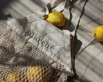 Bolsa de red en algodón orgánico, bordada. Para ir de compras, la playa. Amante del regalo, mamá, abuela