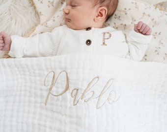 WHITE personalized embroidered cotton gauze baby blanket