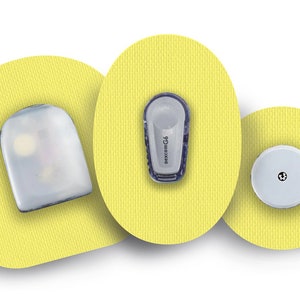 May include: Three yellow adhesive patches with a white, round sensor, a white sensor with a grey, rectangular transmitter, and a white, oval sensor with the text "FreeStyle Libre" printed on it.