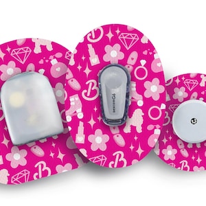 May include: Three pink and white patterned adhesive patches with a small clear plastic device, a small gray device with the text "dexcom G6", and a small white round device with a black dot in the center.