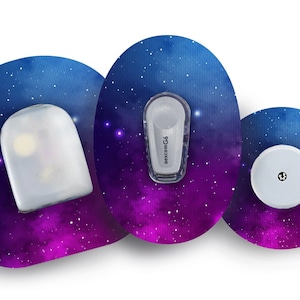 May include: Three round, adhesive patches with a galaxy print in shades of blue and purple. The patches feature a white, round sensor with a small black dot in the centre, a white, rectangular sensor with the text "dexcom G6" printed on it, and a white, oval sensor with a clear top.