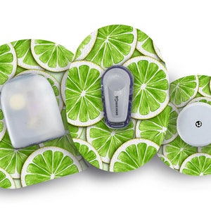 May include: Three round adhesive patches with a lime pattern. The center patch has a white round sensor with a black dot in the center. The left patch has a clear plastic container with a small white object inside. The right patch has a small gray and white device with the text "dexcom G6" printed on it.