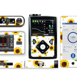 May include: A set of four white and black medical device skins with a sunflower pattern. The skins are for a glucose meter, insulin pump, insulin pen, and a smartphone. The skins feature yellow sunflowers with green stems and leaves on a white background with gold stars.