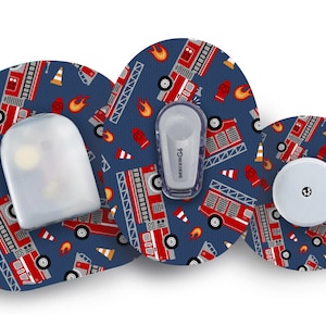 May include: Three red and white fire truck themed adhesive patches for a medical device. The patches are round and have a blue background with a repeating pattern of fire trucks, flames, and cones. The largest patch has a clear plastic reservoir and a small white device with the text "dexcom G6". The middle patch has a white device with a black button. The smallest patch has a white device with a black button.