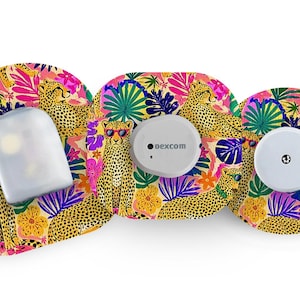 May include: Three adhesive patches for medical devices featuring a vibrant jungle pattern with cheetahs wearing sunglasses, tropical leaves, and flowers. The patches are displayed with a rectangular transmitter, a Dexcom device, and a circular sensor.
