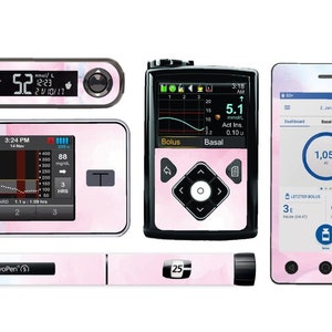 May include: A set of pink and white watercolour-style patterned skins for a diabetes monitor, insulin pump, and insulin pen. The skins feature a light pink background with white watercolour-like streaks.