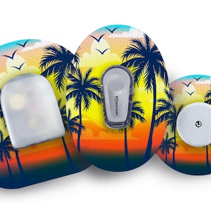 May include: Three round medical device patches with a tropical sunset and palm tree design. The patches are blue, yellow, orange, and red. The center patch has a small, white, round device with the text "dexcom G6" on it.