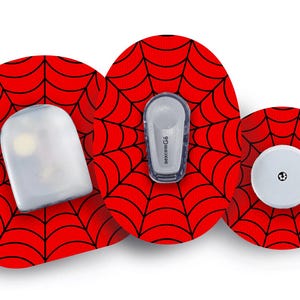 May include: Medical devices and accessories. The image shows a continuous glucose monitoring system with a white sensor, a transmitter labelled "dexcom G6", and a round white sensor, all set against a red spiderweb design.