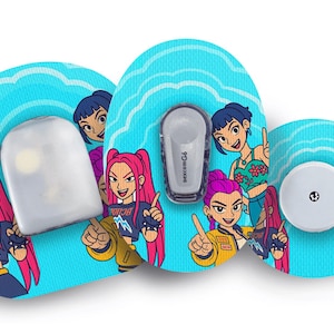 May include: Medical device components with a cartoon design. The components are decorated with illustrations of anime-style girls with pink, purple, and blue hair. The background is a light blue with a wave pattern. The devices include a sensor and a transmitter.
