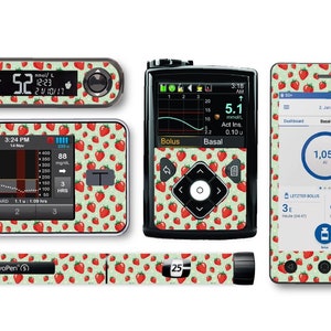 May include: A set of four stickers with a strawberry pattern for a diabetes monitor, insulin pump, and insulin pen. The stickers are green, white, and red with a strawberry pattern.