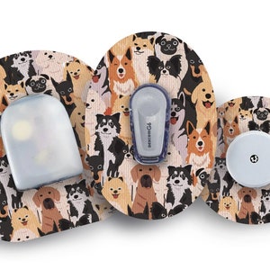 May include: Three round adhesive patches with a cartoon dog pattern. The patches are designed to cover medical devices. The patches feature a variety of dog breeds in different colours and poses. The text "dexcom G4" is visible on one of the patches.