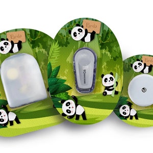 May include: Three round, green, and white stickers with panda bear illustrations. The stickers have the word "Panda" written on them. The stickers are for a medical device.