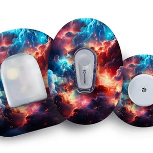 May include: Three round adhesive patches with a nebula design in shades of blue, red, and orange. The patches are designed to cover medical devices like insulin pumps and continuous glucose monitors.