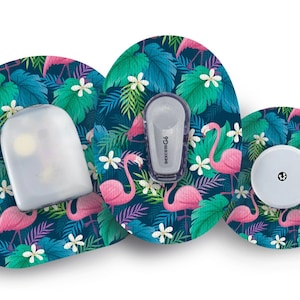 May include: Three round, adhesive patches with a tropical flamingo and leaf pattern. The patches are designed to cover medical devices. The text "Dexcom G6" is visible on one of the patches.