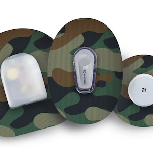 May include: Three camouflage-patterned adhesive patches with a clear plastic cover, a clear plastic sensor with the text "dexcom G6" printed on it, and a white round sensor with a small black dot in the center.
