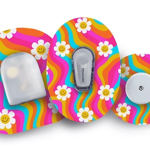 May include: A set of medical device accessories with a colorful, retro design. The accessories include a sensor, transmitter, and a receiver, all decorated with a groovy pattern of wavy stripes in pink, orange, yellow, and blue, and smiling daisy flowers.