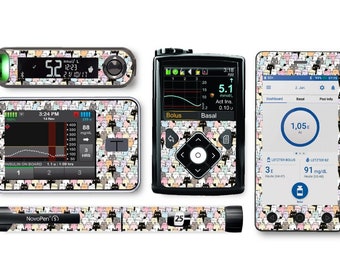 May include: A set of four colorful stickers featuring a repeating pattern of cartoon cats. The stickers are designed to fit a blood glucose meter, insulin pump, pen, and smartphone. The stickers are a fun and stylish way to personalize medical devices.