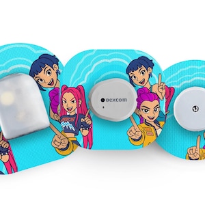 May include: Three adhesive patches in varying shapes with a bright blue background featuring cartoon characters with pink and dark blue hair. The patches are designed for medical devices, including a rectangular, oval, and circular shape.