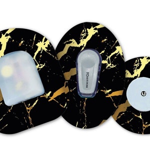 May include: Three black and gold marble patterned adhesive patches for a medical device. The patches are round, oval, and square shaped. The center of the round patch has a white adhesive disc. The center of the oval patch has a small white device with the text "Dexcom G6". The center of the square patch has a clear adhesive disc.