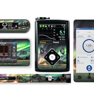 Peut inclure: Un ensemble de quatre appareils de gestion du diabète avec un motif d'aurore boréale vert et noir. L'ensemble comprend un lecteur de glycémie, une pompe, un stylo et une application pour smartphone. Les appareils affichent des lectures en mmol/l et mg/dL. L'application affiche une lecture de 1.05E et 91 mg/dL.