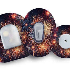 May include: Three round adhesive patches with a firework design. The patches are designed to be worn on the skin and feature a dark blue background with red, orange, and yellow fireworks. The patches are decorated with the text "dexcom G6".