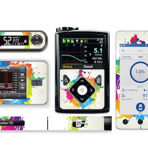 May include: A collection of medical devices, including a blood glucose meter, insulin pump, and a smartphone, all decorated with a white background and colorful paint splatters. The devices display readings and data.