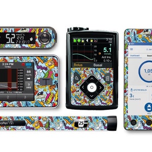 May include: A set of colorful, comic book-themed stickers for a diabetes management system. The stickers feature a variety of colorful speech bubbles, stars, and other graphic elements. The stickers are designed to fit a blood glucose meter, insulin pump, and insulin pen.