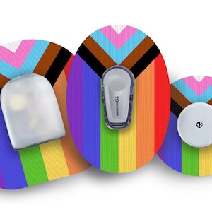 Peut inclure: Trois patchs adhésifs ronds et colorés avec un motif arc-en-ciel. Les patchs sont conçus pour couvrir un dispositif médical. Un patch présente un dispositif médical blanc avec le texte "dexcom G6".